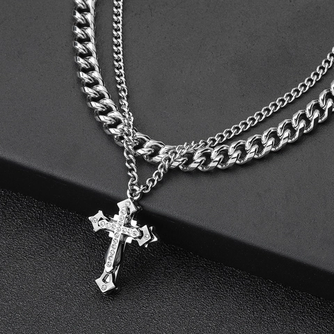 Collar con Colgante de Cruz de Acero Inoxidable para Hombre Mujer Hip Hop Cadena Cubana de Doble Capa Joyería con Strass