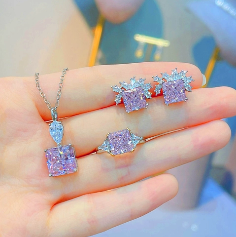 Pink Radiant Cut Cubic Zirconia Necklace Pendant Earring Studs And Adjustable Ring Copper White Gold Plated Jewelry For Women
