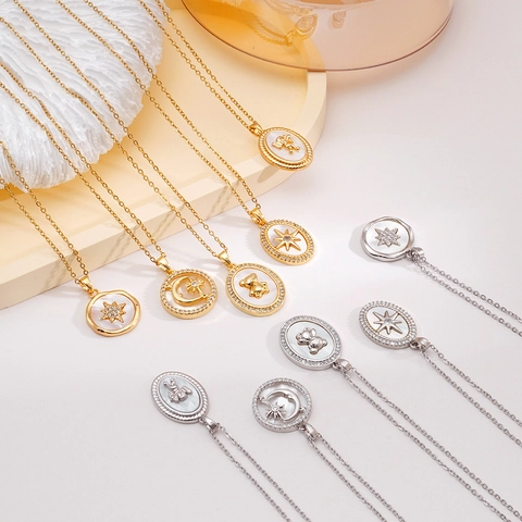 Collana Con Pendente Rame Placcato Oro 18K Zircone Madreperla Elegante Orso Stella Luna Cupido Donna