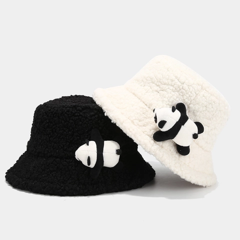 Cappello Bucket Panda Carino Finta Lana Di Agnello Inverno Caldo Peluche Donna Stile Giapponese Kawaii Accessorio
