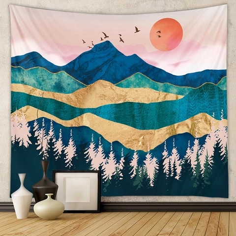 Arazzo Paesaggio Montano Astratto Poliestere Appeso Parete Moderno Sole Foresta Arte Coperta Per Arredamento Camera Letto