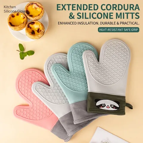 Guantes De Horno De Silicona Resistentes Al Calor Antideslizantes Impermeables Gruesos Puños Largos Forro De Algodón