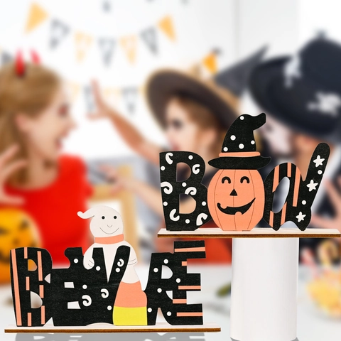 Ornamenti In Legno Con Lettere Di Halloween Decorazioni Da Tavola Zucca Fantasma Segnali Per Feste