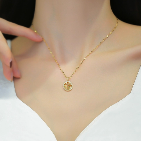 Collana Con Ciondolo Carattere Fu Acciaio Al Titanio Rame Oro Catena Di Clavicicola Micro Strass Intarsiato Stile Cinese Per Donne
