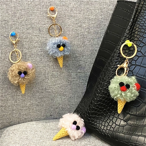Cute Quirky Plush Ice Cream Cone Keychain Soft Faux Wool Bag Pendant For Women Girls Gift Car Key Ring Accessory