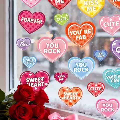 Heart Shaped Window Stickers PVC Romantic Valentine's Day Wall Decals Colorful Love Slogans Home Decor