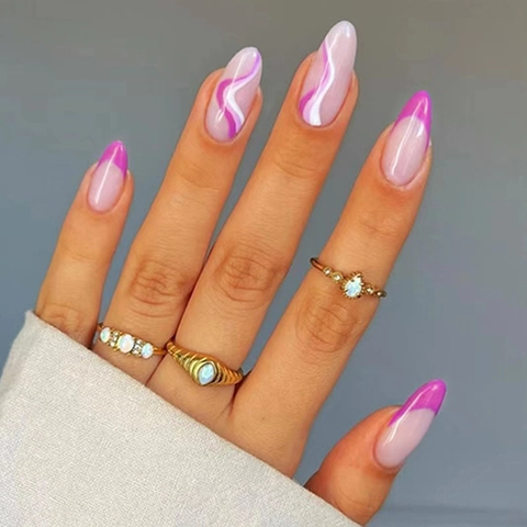 Press On Nails Pink White Wave Pattern Almond Shape French Style Artificial Fake Nail Tips Manicure Salon For Women Elegant