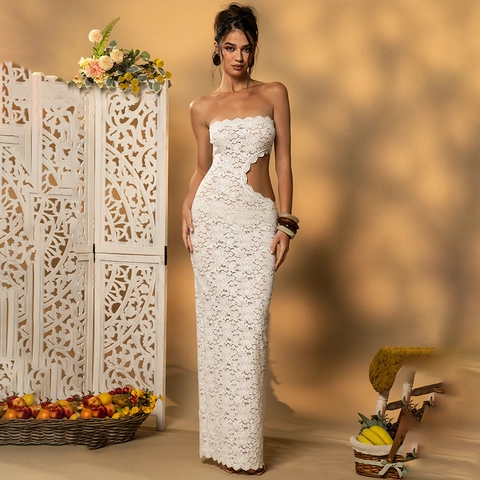 Vestito Lungo Sexy In Pizzo Senza Spalline Con Ritagli Laterali Spacco Alto Vestibilità Aderente Lungo Festa Sera Estate Donne