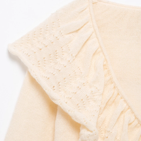 Women Knitted Top Ruffle V-Neck Long Sleeve Pointelle Hollow Out Sweet Elegant Pullover Sweater Milky White Solid
