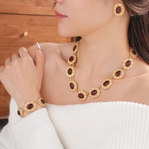 Collana Bracciale Orecchini Vintage Strass Rossi Fiori Smalto Con Perno In Argento Gioielli Stile Barocco Lusso