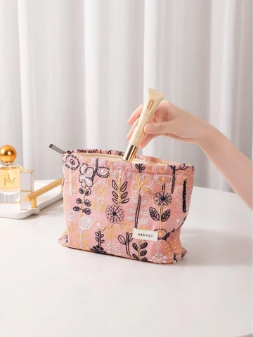 Neceser De Maquillaje Con Bordado Floral Organizador De Cosméticos De Lona Bolsa De Almacenamiento Portátil Para Mujeres