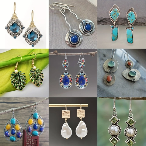 Vintage Alloy Artificial Pearl Turquoise Drop Earrings For Women Retro Enamel Rhinestone Geometric Boho Party Jewelry Gift