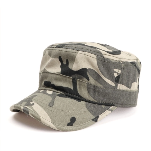 Cadet Cap Cotton Flat Top Military Hat Vintage Adjustable Buckle Camouflage Solid Color Outdoor Sunshade Unisex