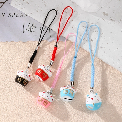 Amuleto Japonés Gato de la Suerte Maneki-Neko con Campana Cordón para Móvil Bolso Colgante Artesanía de Metal Regalo