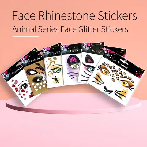 Face Art Stickers Glitter Rhinestone Makeup Decor Party Festival Animal Halloween Valentine St Patrick Day Butterfly Cat Theme