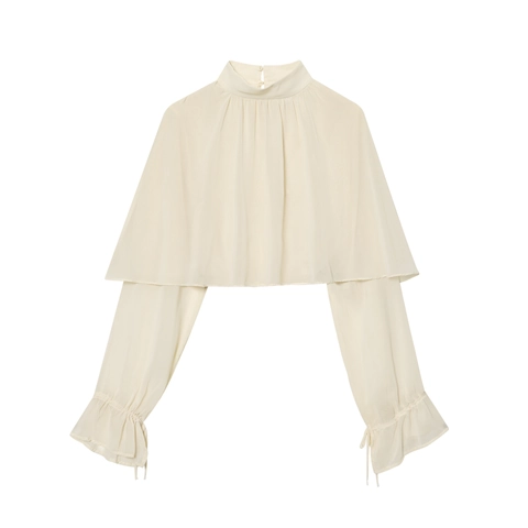 Women Artificial Pearl Chiffon Blouse Mock Neck Layered Cape Design Elegant Solid Color Long Flare Sleeve Ruffle Cuff Top
