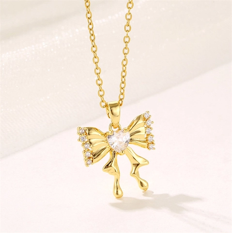 Collana Con Pendente A Fiocco E Cuore Acciaio Inossidabile Zircone Rhinestone Placcato Oro Catena Clavicola Gioielli Eleganti