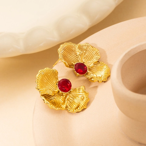 Vintage Ginkgo Blad Petal Stud Oorbellen Voor Vrouwen Verguld Roestvrij Staal Ingezet Edelsteen Retro Sieraden