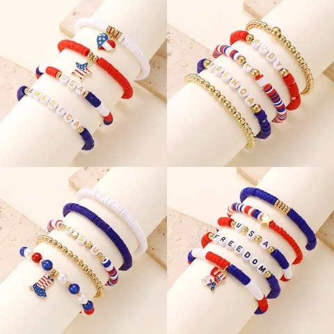 Patriotic USA Independence Day Bracelet Set For Women Polymer Clay Heishi Beads Alloy Rhinestone Star Heart Letter Jewelry