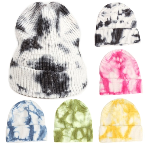 Bonnet En Maille Teinture Tie Dye Chaud Acrylique Polyester Nervuré À Revers Hiver Automne Pour Hommes Femmes