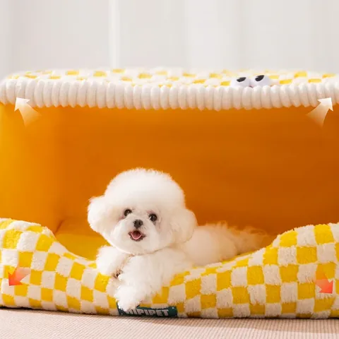 Halbgeschlossenes Haustierbett Haus Sherpa Fleece Warm Verdickt Hundesofa Mit Rutschfestem Boden Abnehmbarem Kissen Karomuster