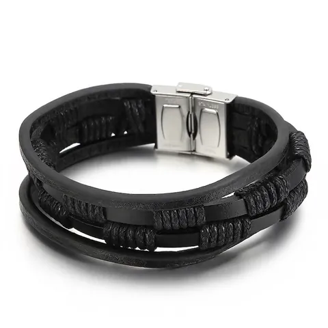 Herren Mehrlagiges Geflochtenes Lederarmband Mit Edelstahl Magnetverschluss Punk Vintage Armreif Hip Hop Schmuck