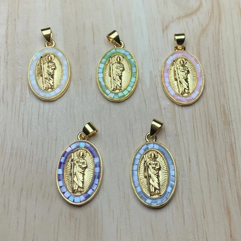 St Jude Jesus Religious Oval Pendant 18K Gold Plated Copper Shell Zircon Elegant Jewelry Charm For Women