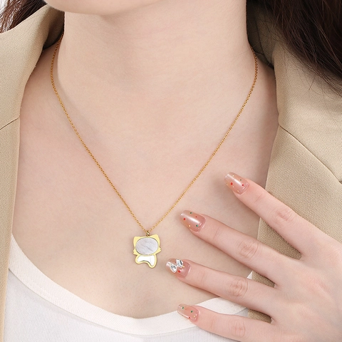 Collana Con Pendente Silhouette Gatto Acciaio Inossidabile Intarsio Conchiglia Bianca Gioielli Moda Coppia