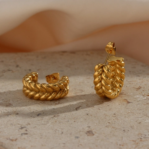 Stainless Steel Wheat Ear Pattern C-Shaped Hoop Earrings For Women 18K Gold Plated Minimalist Twisted Texture Jewelry Gift