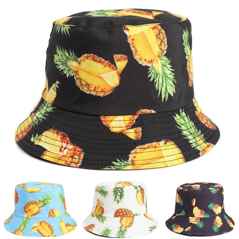 Reversible Bucket Hat Tropical Pineapple Print Cotton Polyester Summer Sun Protection Sunshade Travel Outdoor Casual