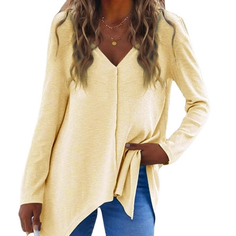 Women's Casual V-Neck Long Sleeve Knit Sweater Irregular Hem Waffle Texture Pullover Top Loose Fit Knitwear For Autumn Winter Ladies Clothing