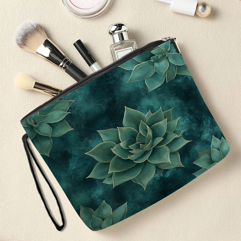Floral Succulent Makeup Bag Portable Zipper Cosmetic Pouch Linen Polyester Travel Toiletry Organizer For Women