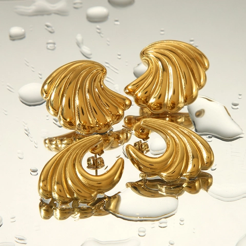 Stainless Steel Wave Texture Shell Shape Stud Earrings Gold Plated Vintage INS Style For Women