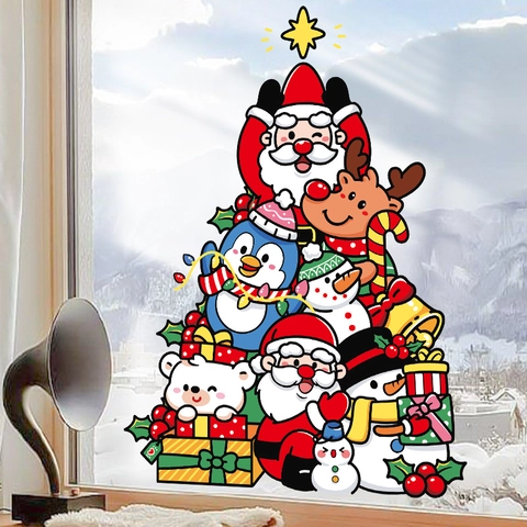 Christmas Window Stickers Static Cling PVC Santa Reindeer Snowman Double Sided Glass Decoration Cartoon Holiday Tree Shape