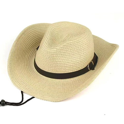 Cappello Cowboy Occidentale Paglia Carta Pieghevole Tesa Larga Protezione Solare Spiaggia Corda Vento Regolabile Cintura Pelle