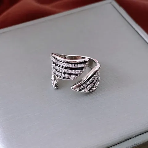 Vintage Breit Gestreifter Offener Ring Für Damen Kupfer Zirkonia Luxus Flügel Verstellbarer Fingerschmuck