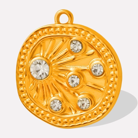 Runder Sonnenstrahl Anhänger 304 Edelstahl Französisch Vintage Unregelmäßig Geprägt Straßstein Charm Für Halsketten