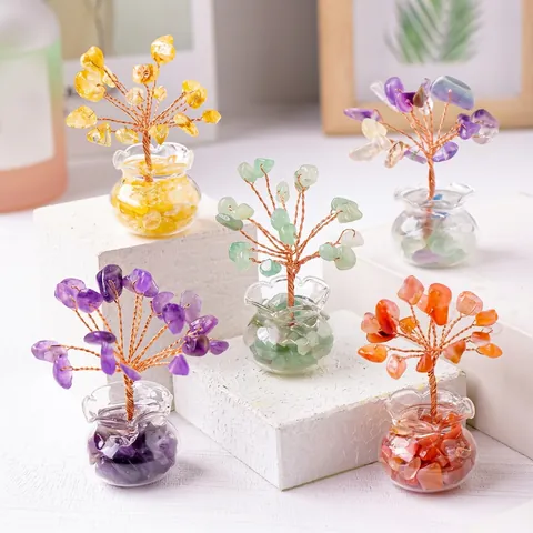 Handmade Crystal Money Tree Natural Gemstone Chips Copper Wire Wrapped Feng Shui Wealth Luck Home Office Desktop Decor