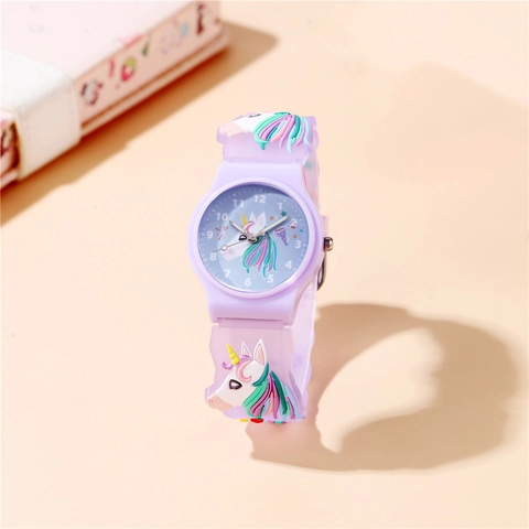 Kinder Quarzuhr Einhorn Relief Silikon Armband Analog Anzeige Cartoon Stil Mädchen Schüler