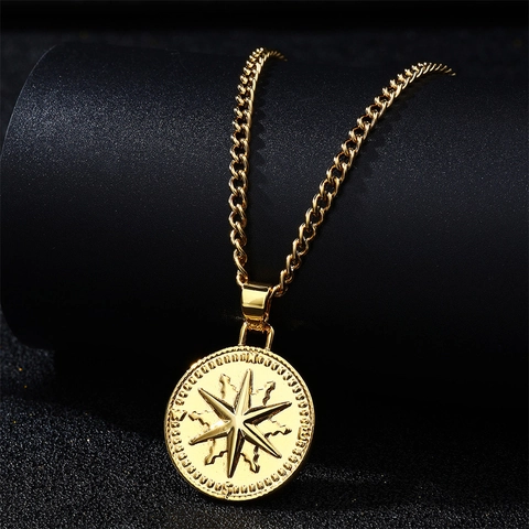 Collana Con Pendente Rosa Dei Venti Stella Acciaio Inossidabile Placcato Oro 18K Gioielli Stella Polare Uomo Donna
