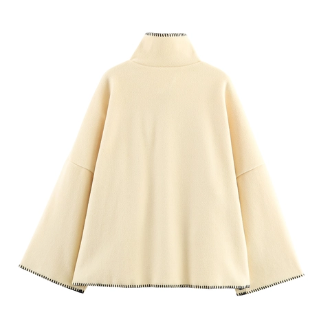 Elegant Women High Neck Cape Coat Polyester Loose Fit Contrast Stitching Single Breasted Autumn Winter Outerwear Jacket