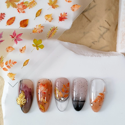 5D Embossed Nail Art Stickers Autumn Maple Leaf Design Ultra Thin Self Adhesive PET DIY Manicure Decoration
