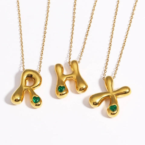 Puff Bubble Initial Letter Necklace Titanium Steel 18K Gold Plated Green Heart Gemstone Pendant Fashion Women Jewelry