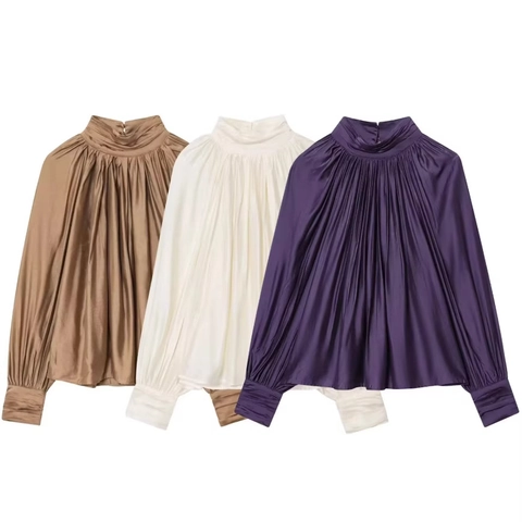 Satin Pleated Blouse Stand Collar Long Lantern Sleeve Solid Color Elegant Top For Women