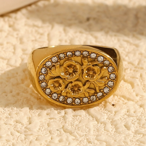 Vintage Floral Signet Ring 18K Gold Plated Stainless Steel Oval Embossed Flower White Cubic Zirconia Inlaid For Women