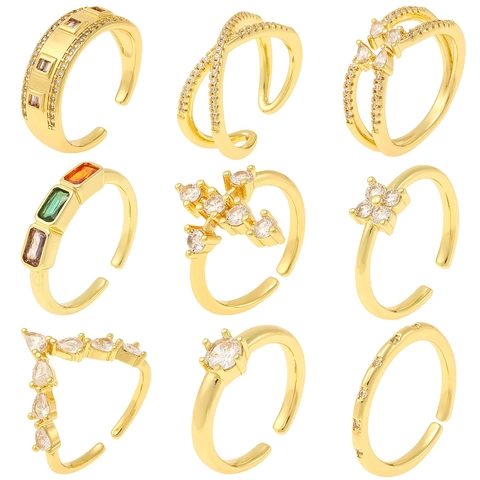 Luxury Gold Plated Copper Zirconia Adjustable Open Ring For Women Elegant Geometric Flower Cross V Shape Fashion Jewelry