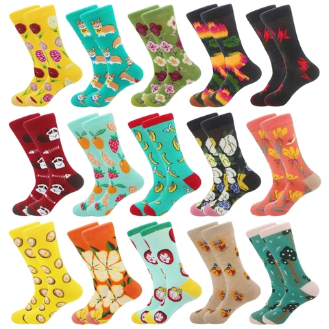 Trendy Cartoon Animal Fruit Food Pattern Cotton Blend Crew Socks Breathable Casual Mid Tube Socks For Men Women Daily Wear
