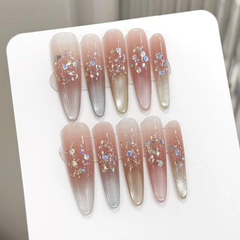 Handmade Press On Nails Pink Gradient Cat Eye Shimmer Glitter Sequins False Nails For Women Elegant Luxury Manicure