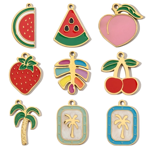Fruit Leaf Coconut Tree Charms Enamel Stainless Steel DIY Jewelry Pendants For Necklace Bracelet Earring Making