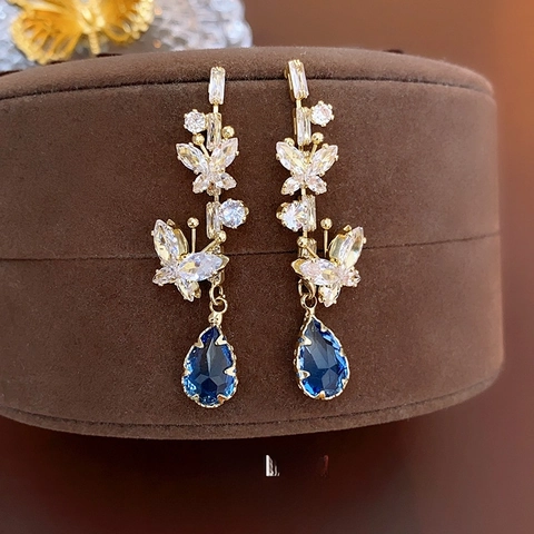 Orecchini Pendenti Farfalla Goccia D'acqua Con Perno In Argento Sterling 925 Zircone Blu Placcato Oro Elegante Per Donna